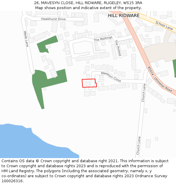 26, MAVESYN CLOSE, HILL RIDWARE, RUGELEY, WS15 3RA: Location map and indicative extent of plot