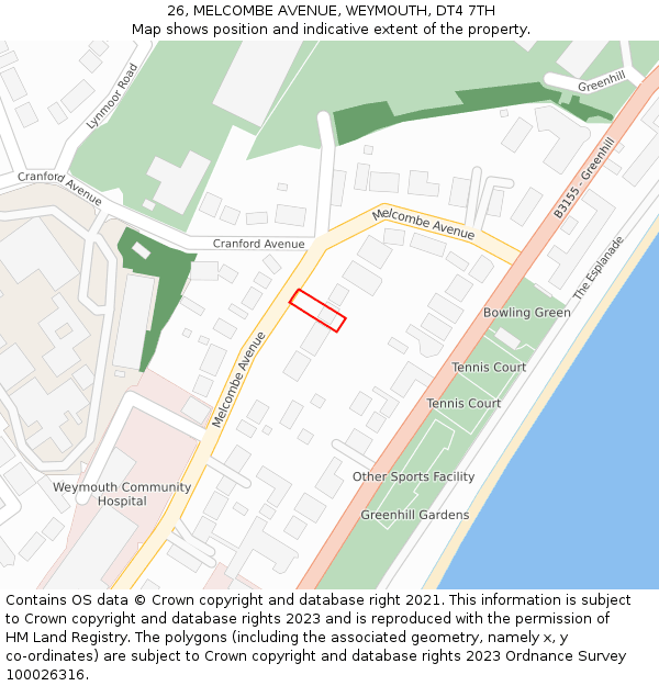 26, MELCOMBE AVENUE, WEYMOUTH, DT4 7TH: Location map and indicative extent of plot