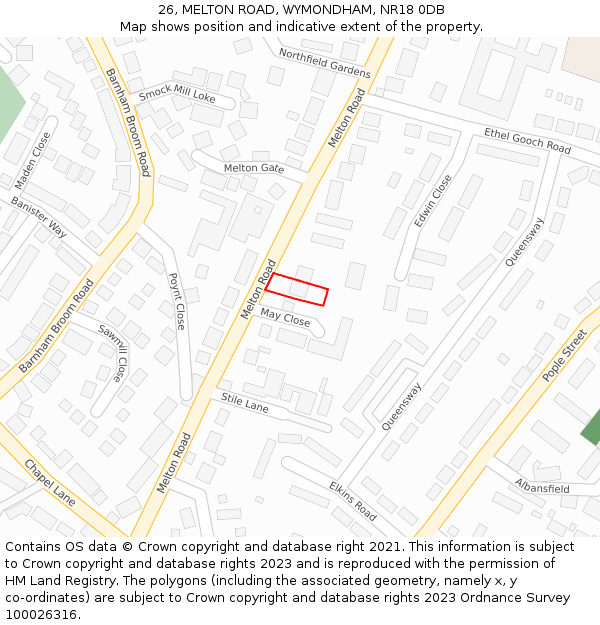 26, MELTON ROAD, WYMONDHAM, NR18 0DB: Location map and indicative extent of plot