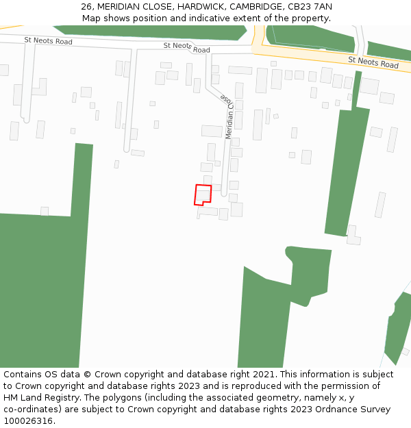 26, MERIDIAN CLOSE, HARDWICK, CAMBRIDGE, CB23 7AN: Location map and indicative extent of plot