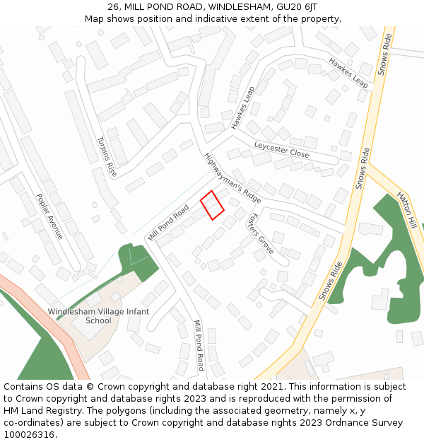 26, MILL POND ROAD, WINDLESHAM, GU20 6JT: Location map and indicative extent of plot