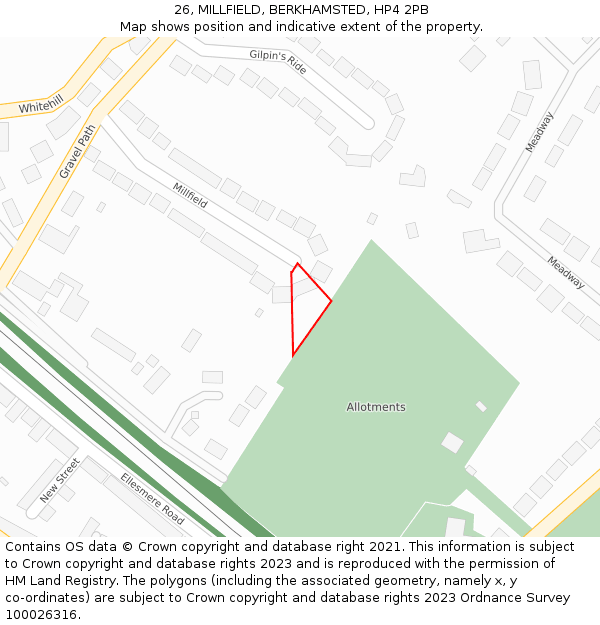 26, MILLFIELD, BERKHAMSTED, HP4 2PB: Location map and indicative extent of plot