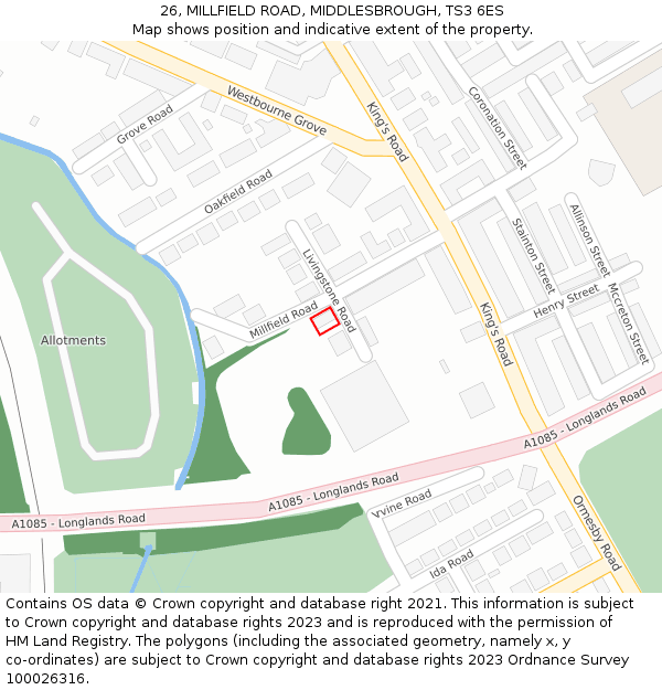 26, MILLFIELD ROAD, MIDDLESBROUGH, TS3 6ES: Location map and indicative extent of plot