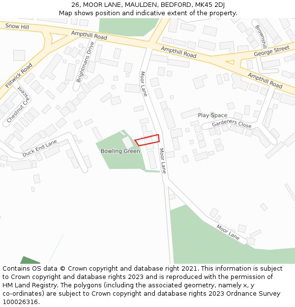 26, MOOR LANE, MAULDEN, BEDFORD, MK45 2DJ: Location map and indicative extent of plot