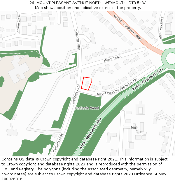 26, MOUNT PLEASANT AVENUE NORTH, WEYMOUTH, DT3 5HW: Location map and indicative extent of plot