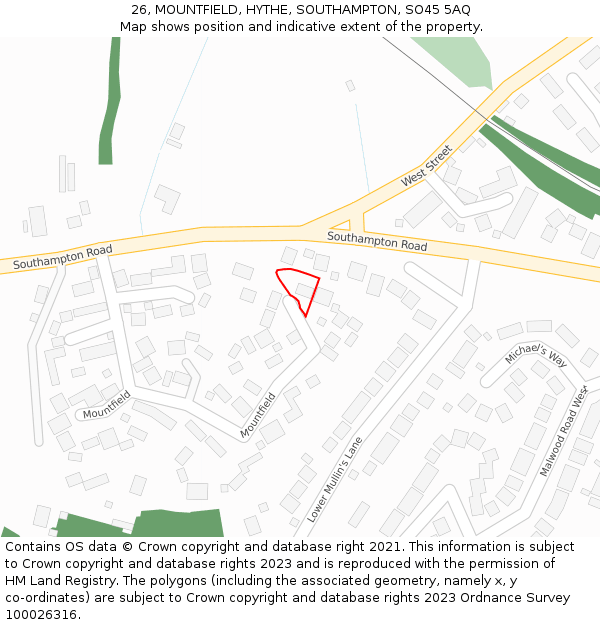 26, MOUNTFIELD, HYTHE, SOUTHAMPTON, SO45 5AQ: Location map and indicative extent of plot