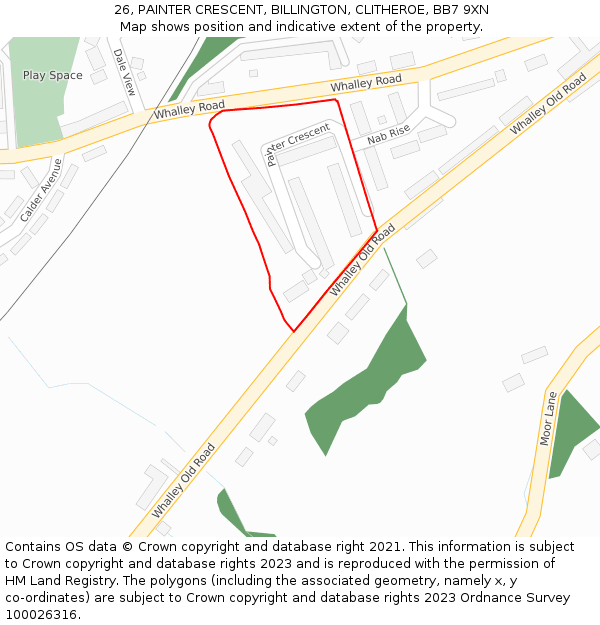 26, PAINTER CRESCENT, BILLINGTON, CLITHEROE, BB7 9XN: Location map and indicative extent of plot