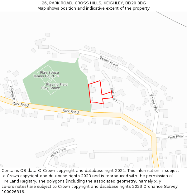 26, PARK ROAD, CROSS HILLS, KEIGHLEY, BD20 8BG: Location map and indicative extent of plot