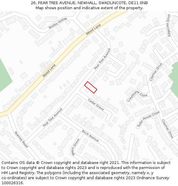 26, PEAR TREE AVENUE, NEWHALL, SWADLINCOTE, DE11 0NB: Location map and indicative extent of plot