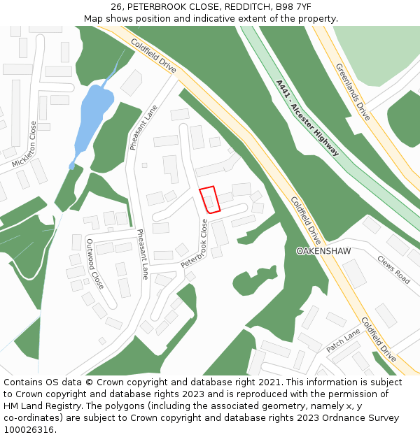 26, PETERBROOK CLOSE, REDDITCH, B98 7YF: Location map and indicative extent of plot