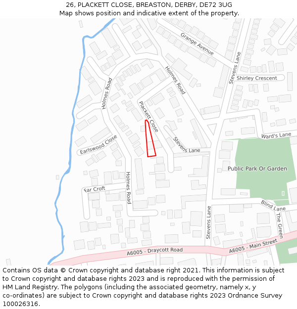 26, PLACKETT CLOSE, BREASTON, DERBY, DE72 3UG: Location map and indicative extent of plot