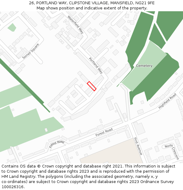 26, PORTLAND WAY, CLIPSTONE VILLAGE, MANSFIELD, NG21 9FE: Location map and indicative extent of plot