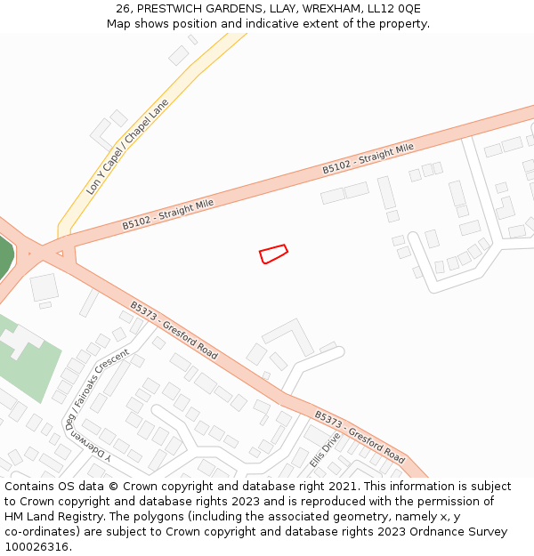 26, PRESTWICH GARDENS, LLAY, WREXHAM, LL12 0QE: Location map and indicative extent of plot