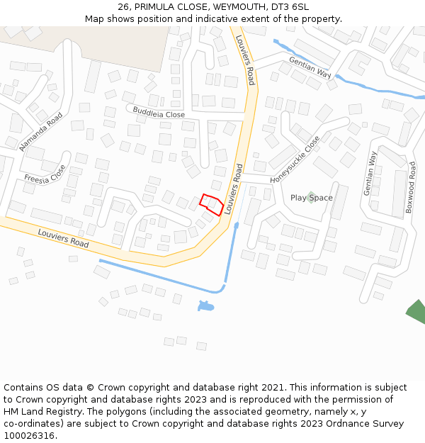 26, PRIMULA CLOSE, WEYMOUTH, DT3 6SL: Location map and indicative extent of plot