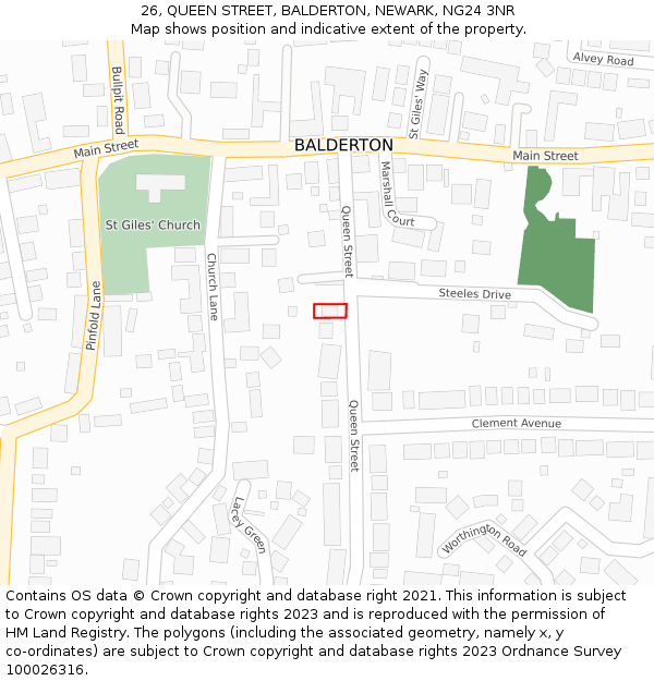 26, QUEEN STREET, BALDERTON, NEWARK, NG24 3NR: Location map and indicative extent of plot