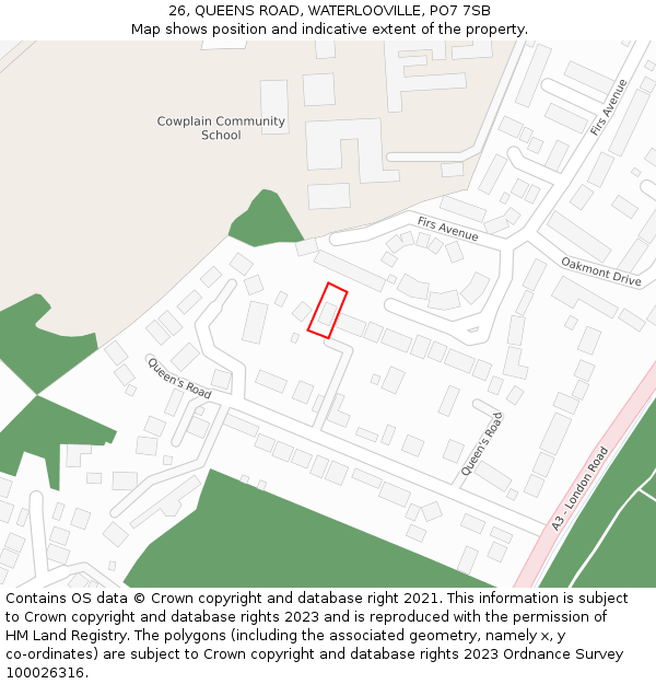 26, QUEENS ROAD, WATERLOOVILLE, PO7 7SB: Location map and indicative extent of plot