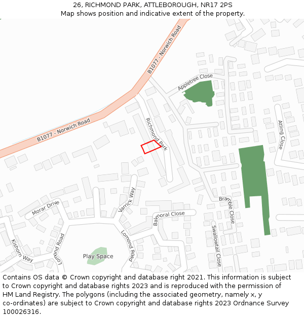 26, RICHMOND PARK, ATTLEBOROUGH, NR17 2PS: Location map and indicative extent of plot