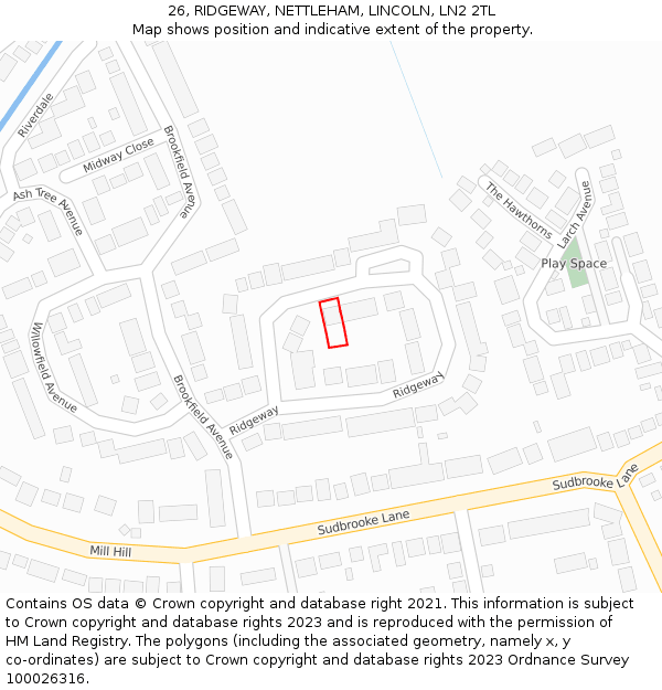 26, RIDGEWAY, NETTLEHAM, LINCOLN, LN2 2TL: Location map and indicative extent of plot
