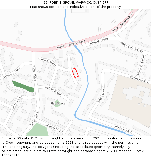 26, ROBINS GROVE, WARWICK, CV34 6RF: Location map and indicative extent of plot