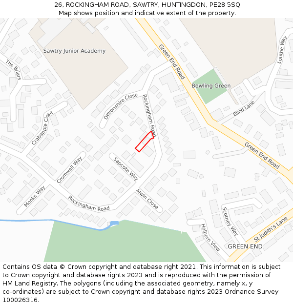 26, ROCKINGHAM ROAD, SAWTRY, HUNTINGDON, PE28 5SQ: Location map and indicative extent of plot