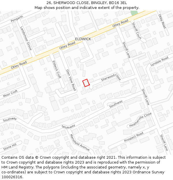 26, SHERWOOD CLOSE, BINGLEY, BD16 3EL: Location map and indicative extent of plot