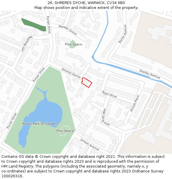 26, SHRERES DYCHE, WARWICK, CV34 6BX: Location map and indicative extent of plot