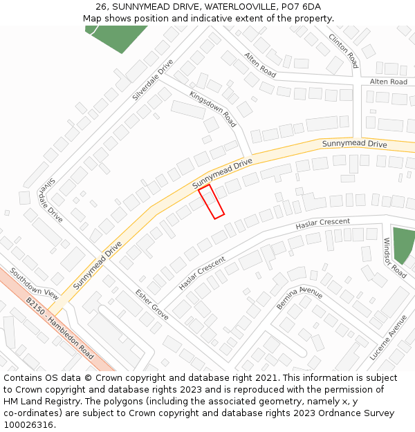 26, SUNNYMEAD DRIVE, WATERLOOVILLE, PO7 6DA: Location map and indicative extent of plot