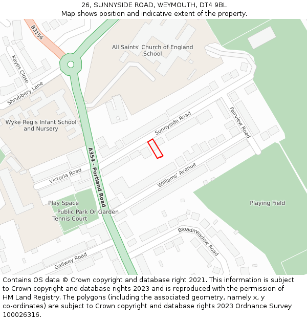 26, SUNNYSIDE ROAD, WEYMOUTH, DT4 9BL: Location map and indicative extent of plot