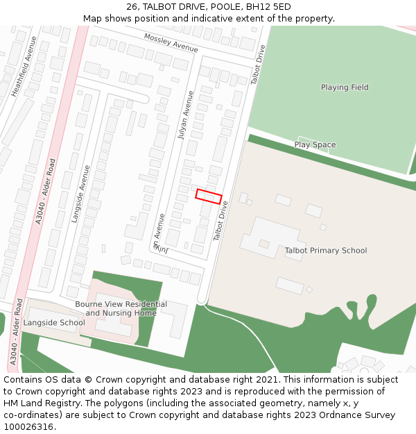 26, TALBOT DRIVE, POOLE, BH12 5ED: Location map and indicative extent of plot