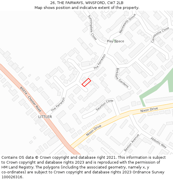 26, THE FAIRWAYS, WINSFORD, CW7 2LB: Location map and indicative extent of plot