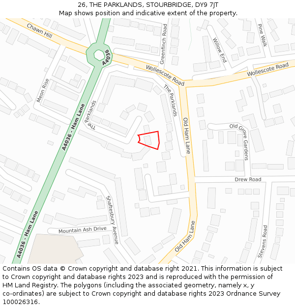 26, THE PARKLANDS, STOURBRIDGE, DY9 7JT: Location map and indicative extent of plot