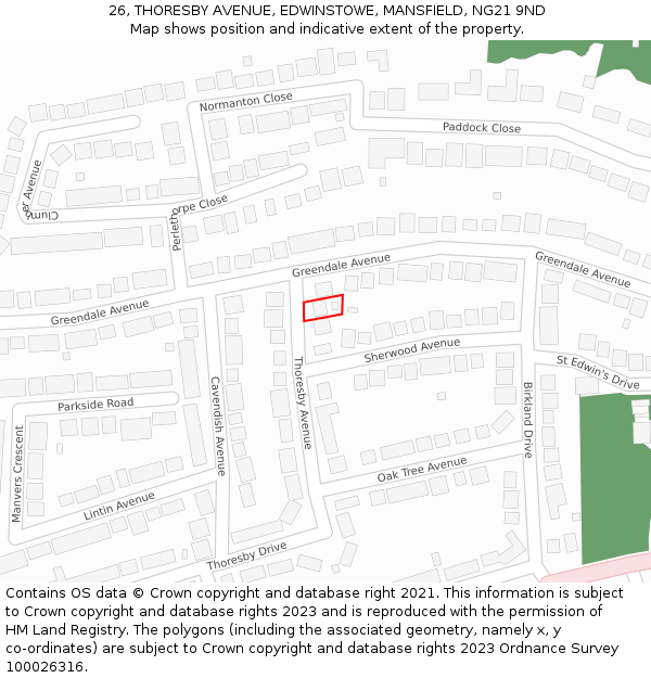 26, THORESBY AVENUE, EDWINSTOWE, MANSFIELD, NG21 9ND: Location map and indicative extent of plot