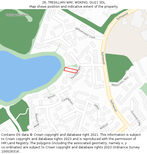 26, TRESILLIAN WAY, WOKING, GU21 3DL: Location map and indicative extent of plot