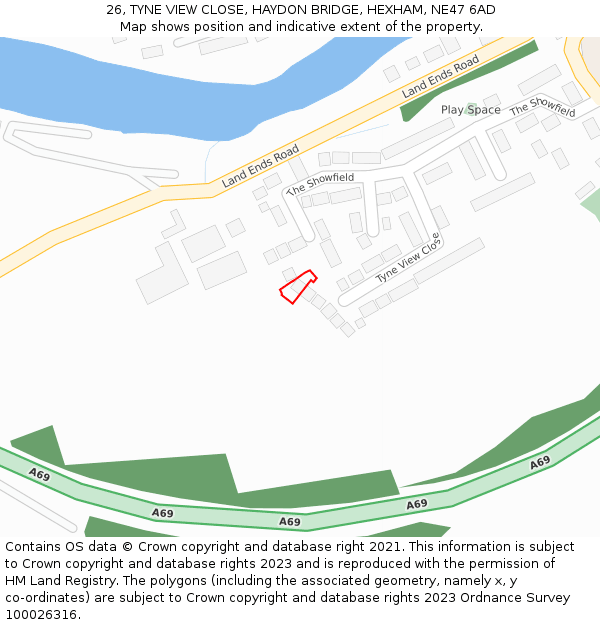 26, TYNE VIEW CLOSE, HAYDON BRIDGE, HEXHAM, NE47 6AD: Location map and indicative extent of plot