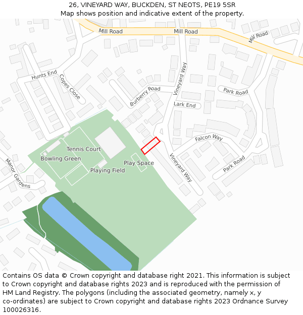 26, VINEYARD WAY, BUCKDEN, ST NEOTS, PE19 5SR: Location map and indicative extent of plot