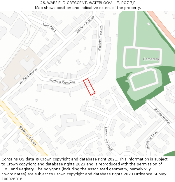 26, WARFIELD CRESCENT, WATERLOOVILLE, PO7 7JP: Location map and indicative extent of plot