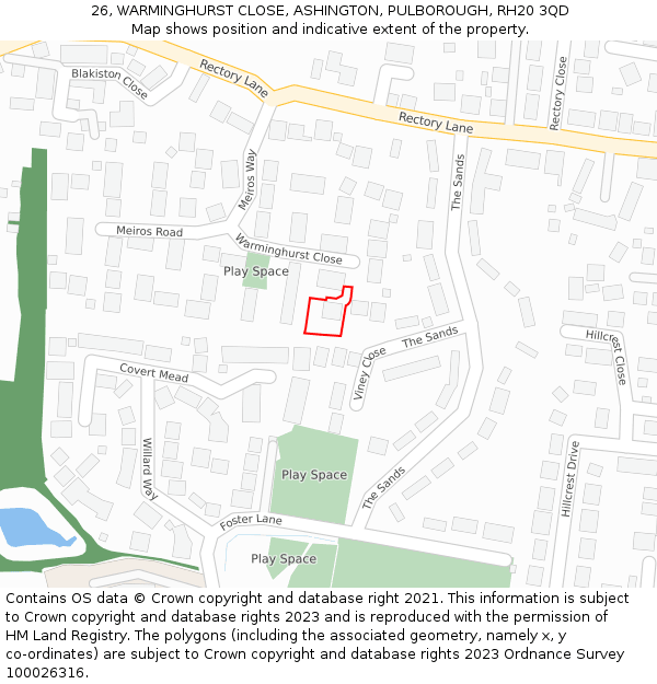 26, WARMINGHURST CLOSE, ASHINGTON, PULBOROUGH, RH20 3QD: Location map and indicative extent of plot