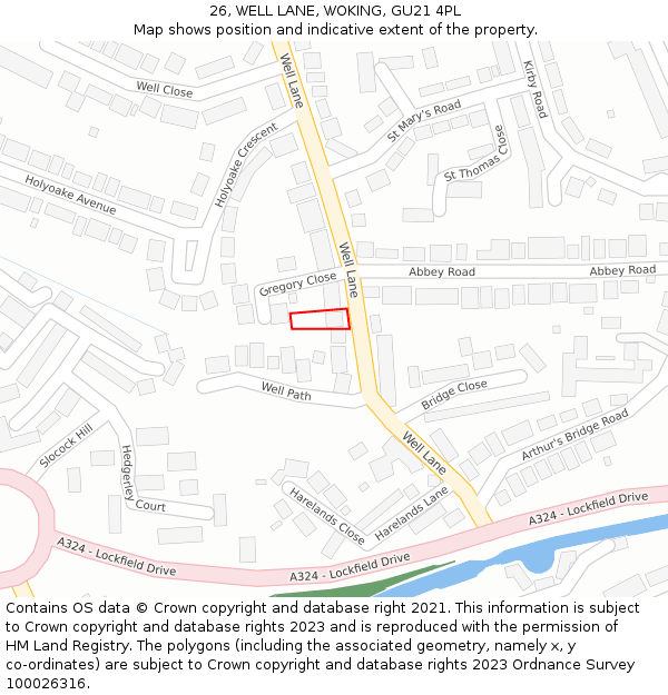 26, WELL LANE, WOKING, GU21 4PL: Location map and indicative extent of plot