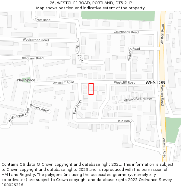 26, WESTCLIFF ROAD, PORTLAND, DT5 2HP: Location map and indicative extent of plot
