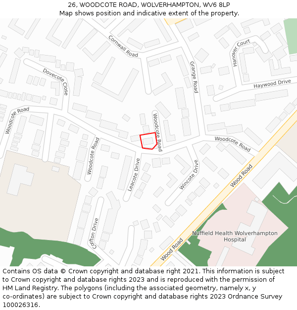 26, WOODCOTE ROAD, WOLVERHAMPTON, WV6 8LP: Location map and indicative extent of plot