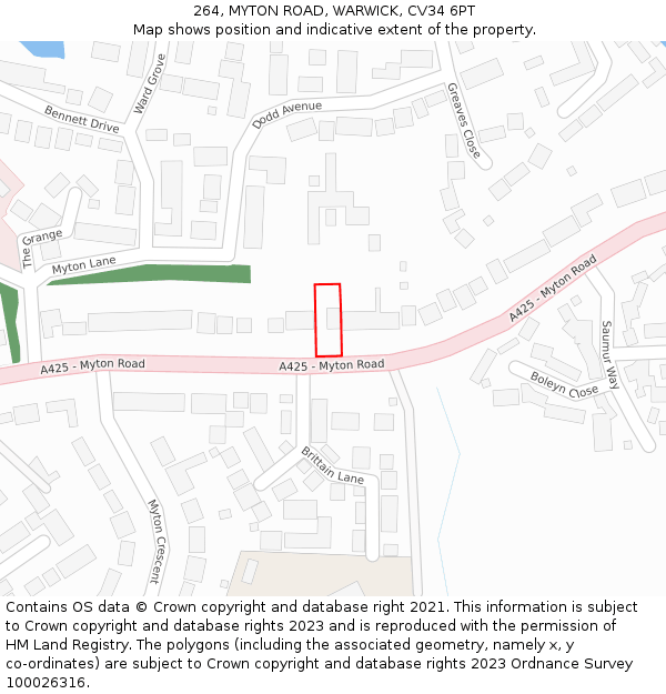 264, MYTON ROAD, WARWICK, CV34 6PT: Location map and indicative extent of plot