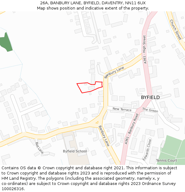 26A, BANBURY LANE, BYFIELD, DAVENTRY, NN11 6UX: Location map and indicative extent of plot