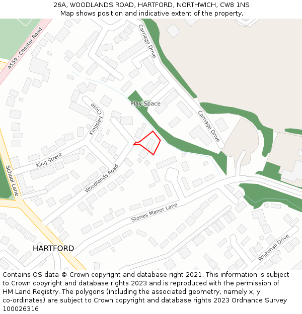 26A, WOODLANDS ROAD, HARTFORD, NORTHWICH, CW8 1NS: Location map and indicative extent of plot