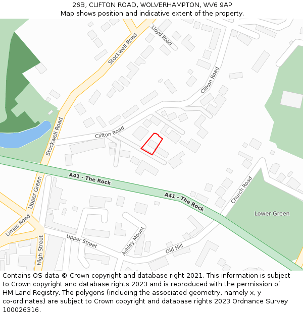 26B, CLIFTON ROAD, WOLVERHAMPTON, WV6 9AP: Location map and indicative extent of plot