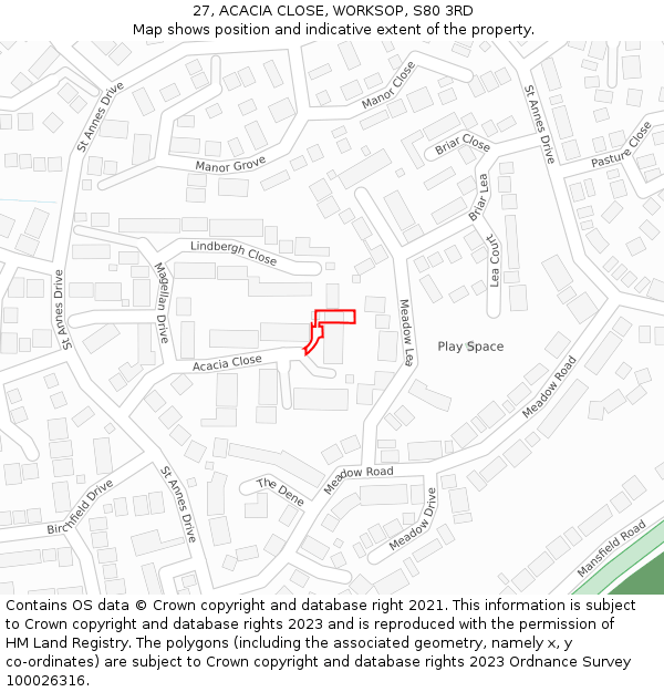 27, ACACIA CLOSE, WORKSOP, S80 3RD: Location map and indicative extent of plot