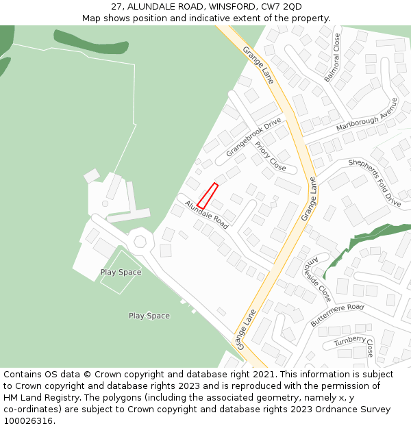 27, ALUNDALE ROAD, WINSFORD, CW7 2QD: Location map and indicative extent of plot