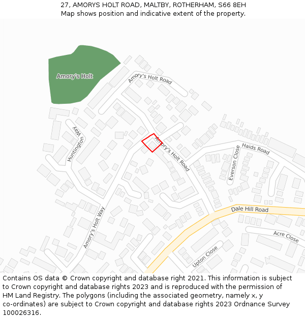 27, AMORYS HOLT ROAD, MALTBY, ROTHERHAM, S66 8EH: Location map and indicative extent of plot