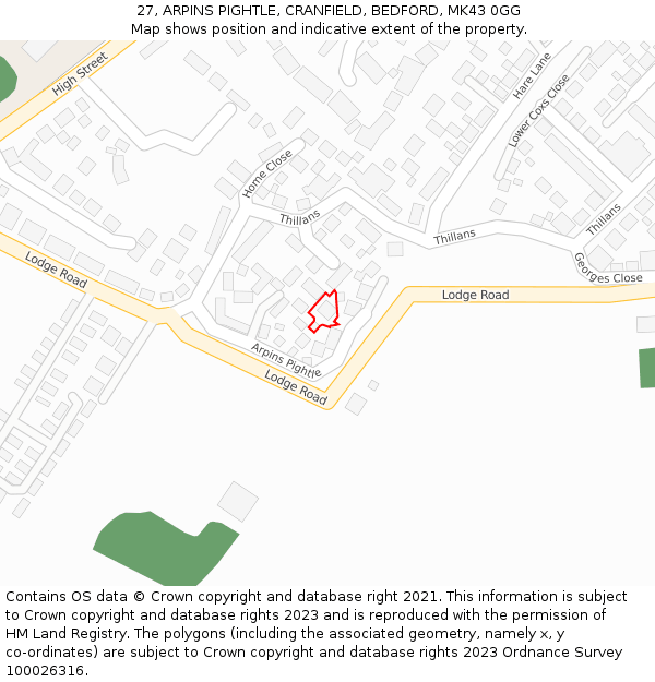 27, ARPINS PIGHTLE, CRANFIELD, BEDFORD, MK43 0GG: Location map and indicative extent of plot