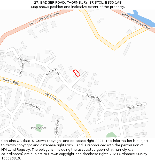 27, BADGER ROAD, THORNBURY, BRISTOL, BS35 1AB: Location map and indicative extent of plot