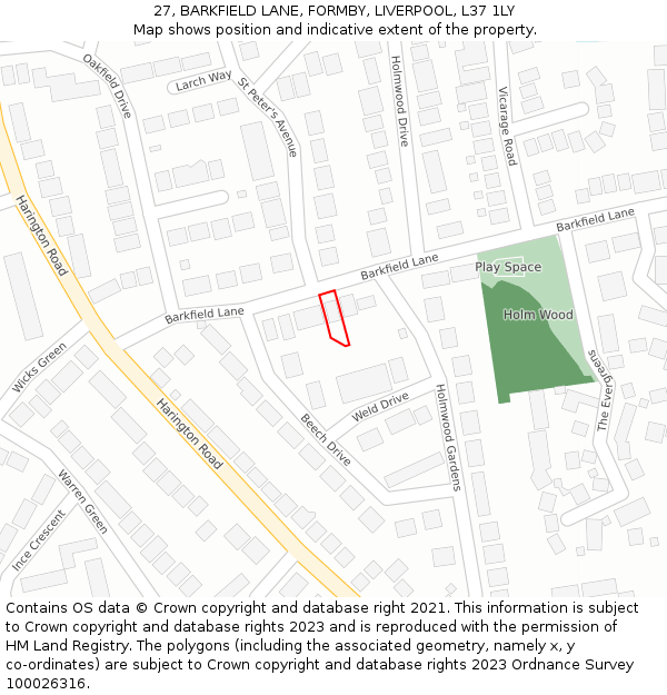 27, BARKFIELD LANE, FORMBY, LIVERPOOL, L37 1LY: Location map and indicative extent of plot